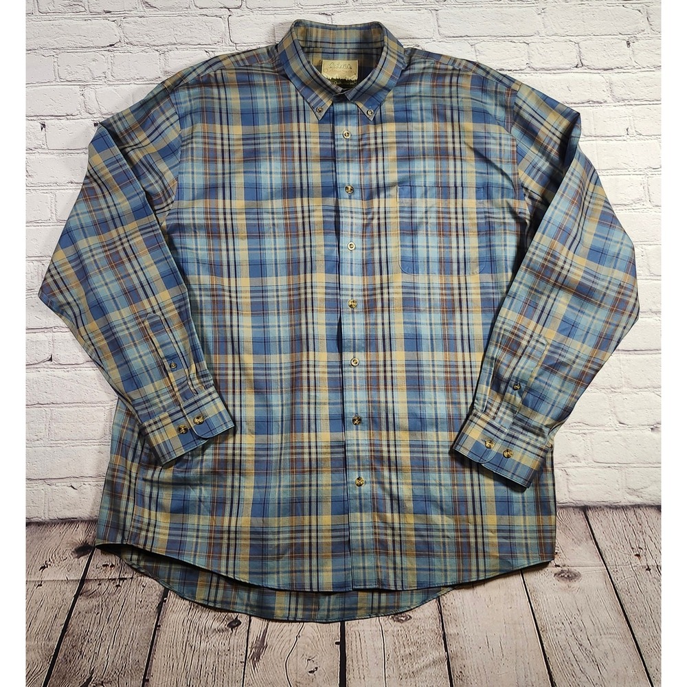 Cabelas Outfitter Series Mens 2XL Tall Blue Tan Plaid Button Down Shirt L/S